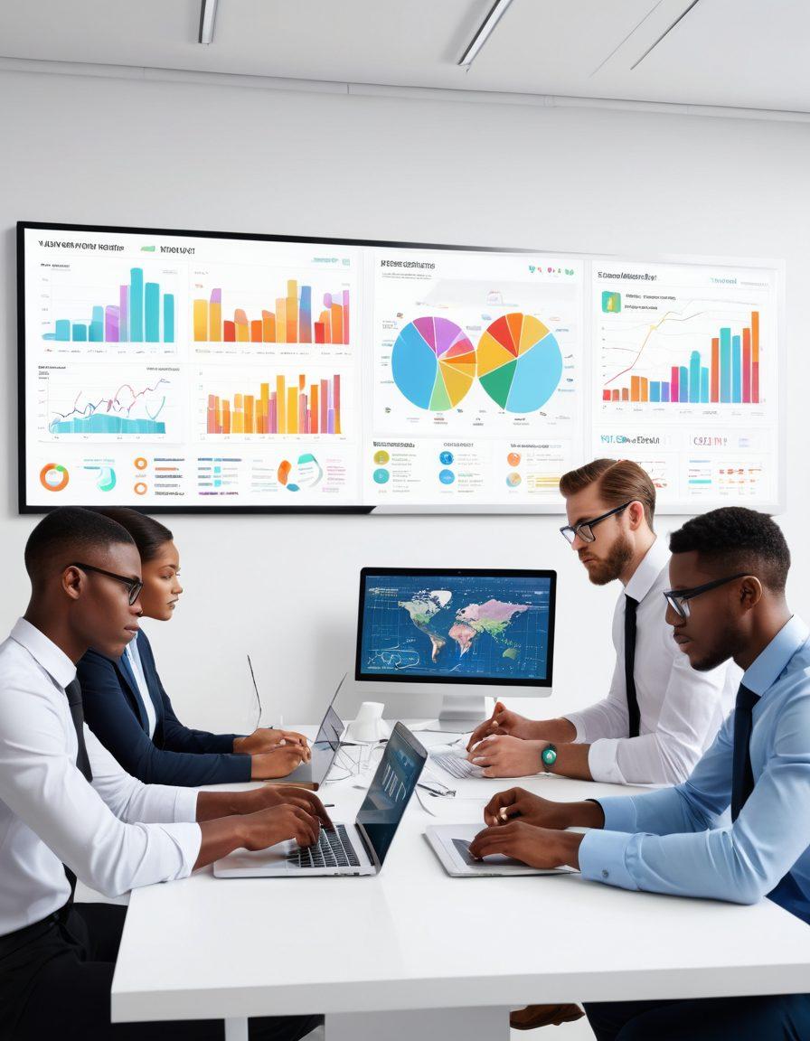 A sleek modern workspace filled with high-tech gadgets and a digital screen displaying trending data graphs and news updates. A diverse group of young professionals engaged in lively discussion, highlighting fresh insights and collaboration. The environment is bright and futuristic, symbolizing innovation and knowledge-sharing. super-realistic. vibrant colors. white background.