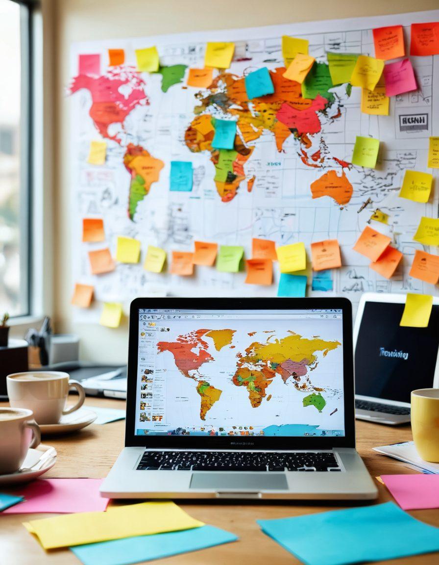 A stylish, modern workspace with an open laptop showing headlines of trending articles, surrounded by colorful sticky notes and a coffee cup. A diverse group of people engaged in a brainstorming session in the background, with a digital world map illustrating connectivity. Bright, inviting colors to evoke creativity and curiosity. super-realistic. vibrant colors. warm atmosphere.