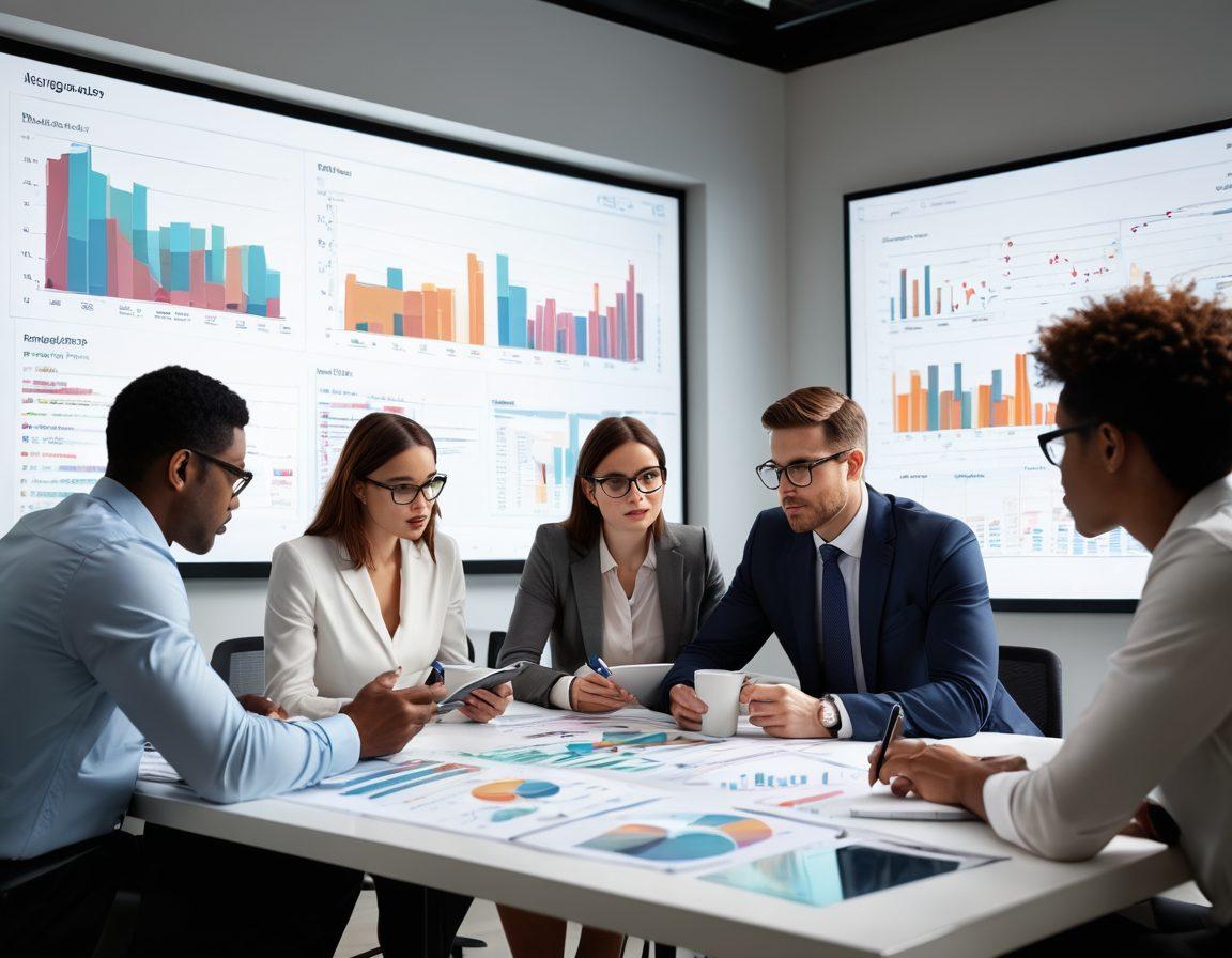 A visually engaging scene depicting a diverse group of professionals gathered around a large table, deeply engrossed in discussing current events through digital devices and paper briefs. The atmosphere is dynamic with charts and graphs projected on a screen, symbolizing data analysis. Include elements like coffee cups and notepads to convey a sense of productivity and focus. The backdrop should reflect a modern office environment with bright natural lighting. vibrant colors. super-realistic.